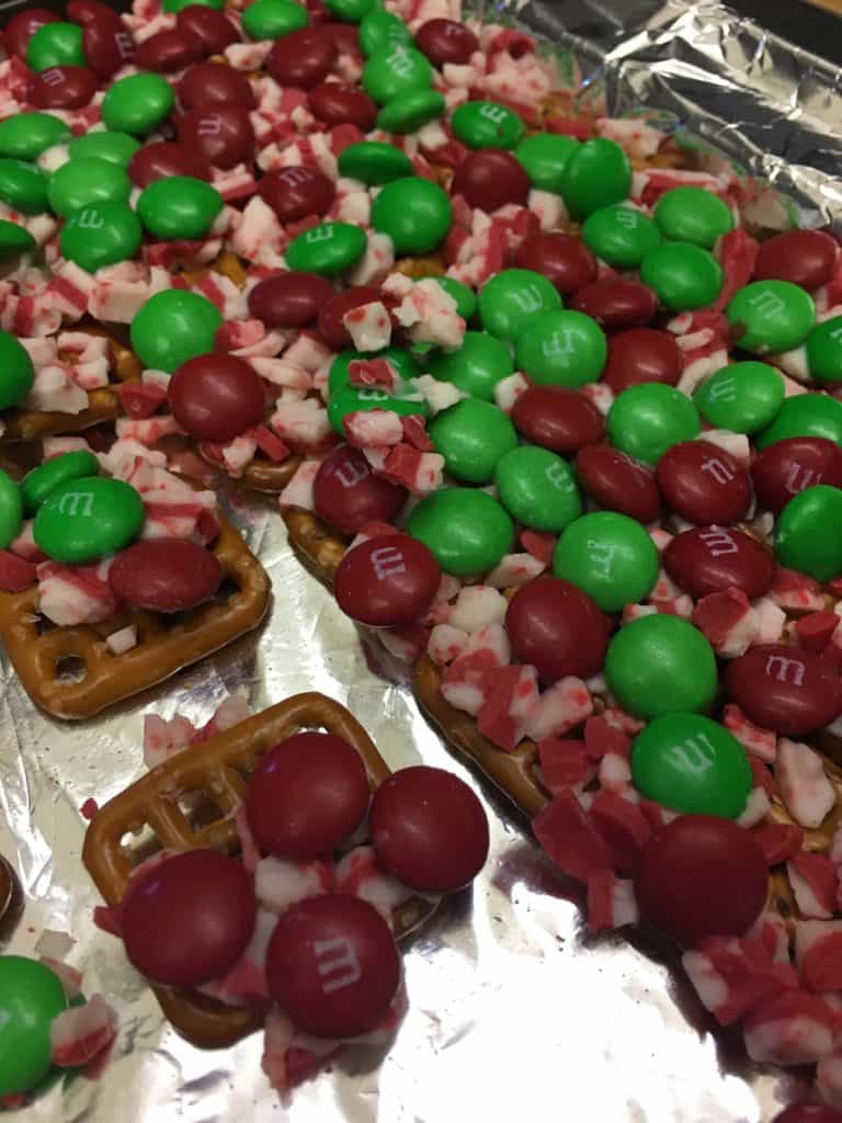 If you're looking for a quick and easy treat to make for your next holiday party, this is the way to go. Pretzels, Rolos, M&M's, and Andes Mints are all you need to make a couple of trays full of a salty sweet treat. 