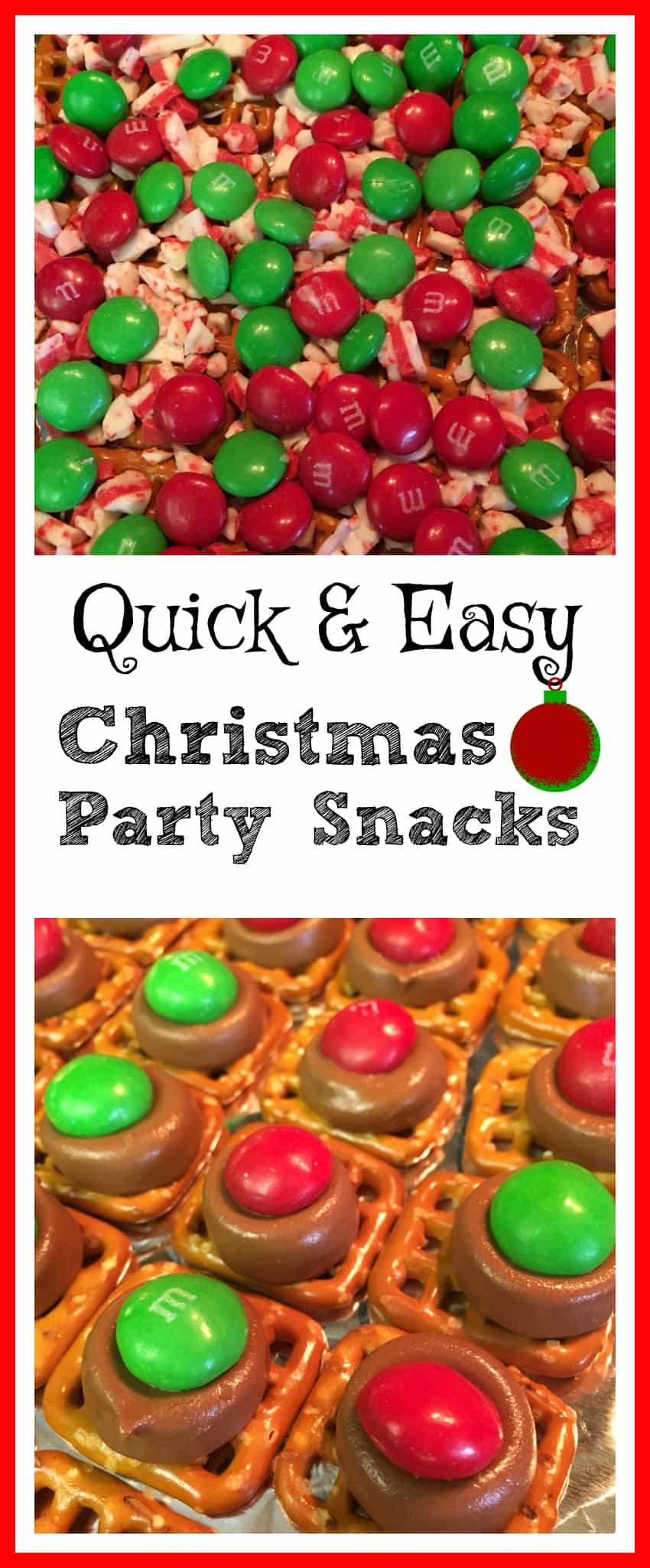 If you're looking for a quick and easy treat to make for your next holiday party, this is the way to go. pretzels, Rolo's, M&M's, and Ande's Mints are all you need to make a couple of trays full of a salty sweet treat.