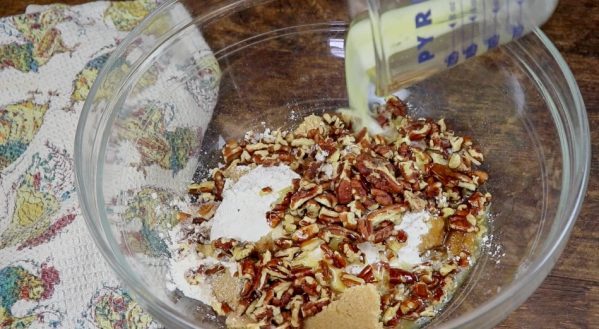 Picture of pecans, flour, and brown sugar in a bowl