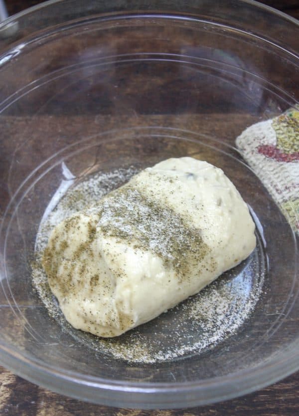 Picture of cream of mushroom soup in a bowl with salt and pepper