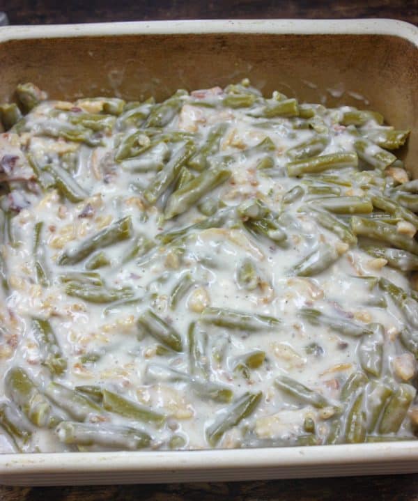 Picture of green bean casserole in a casserole dish.