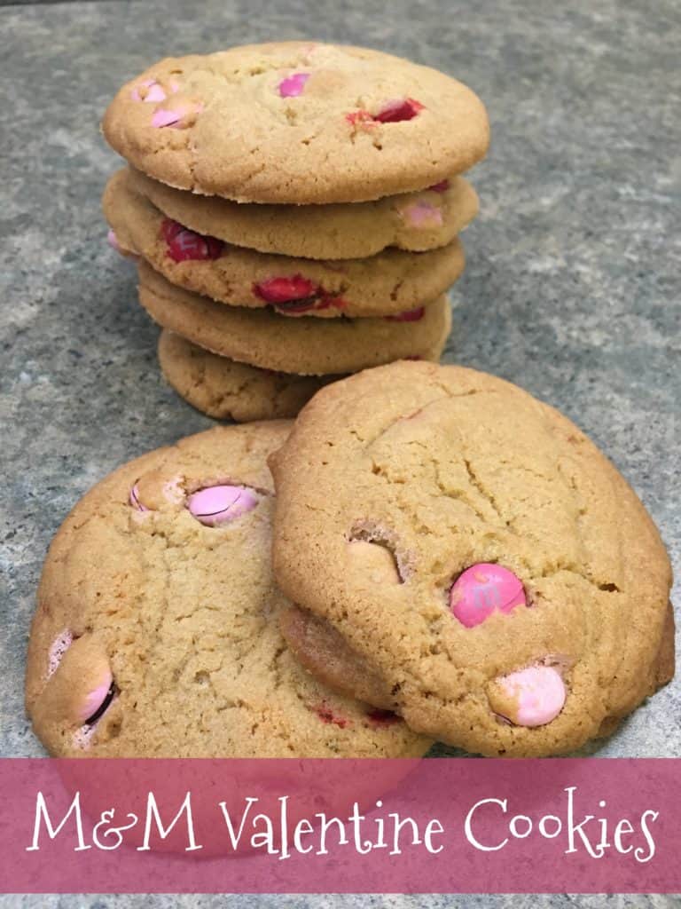 M&M Valentine cookies stacked on top of each other. 