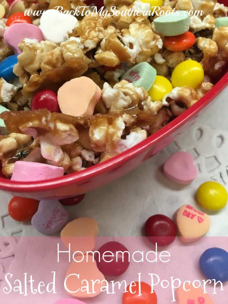 Homemade Salted Caramel Popcorn is a great snack for football parties, Valentine's Day gifts, teacher gifts, and just plain ole' good snacks. 