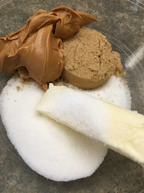 Picture of butter, sugars, and peanut butter in a bowl