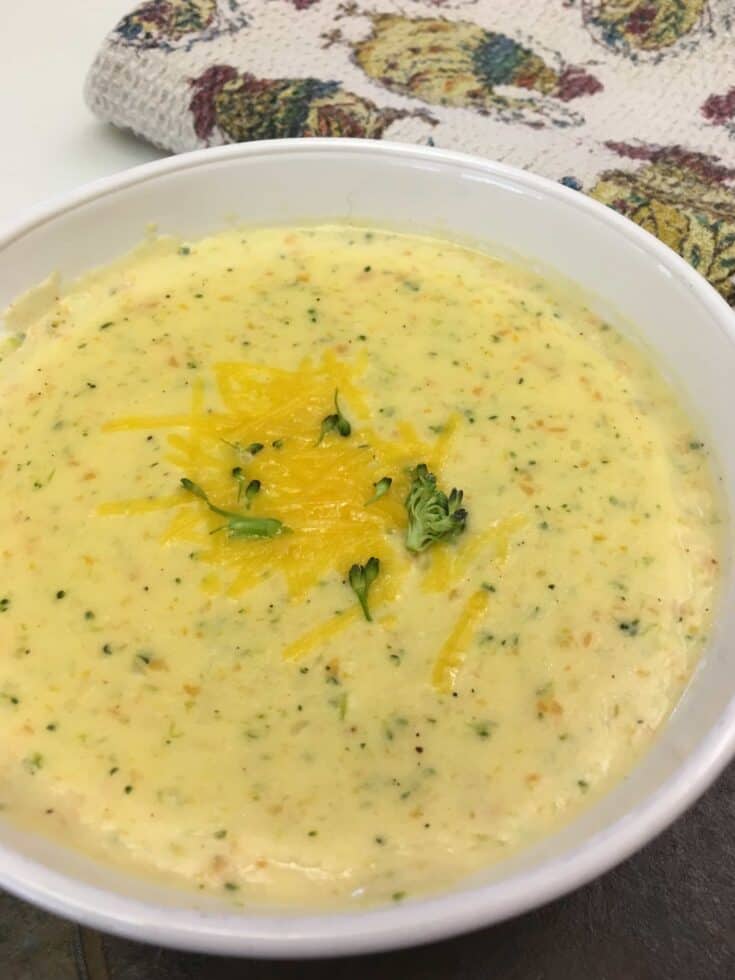 Broccoli cheddar soup in a white bowl