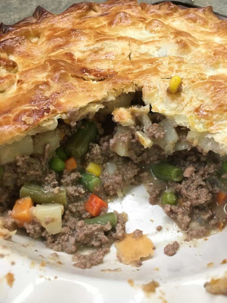 It's easy to make a beef pot pie with frozen ingredients, and two premade pie crusts.