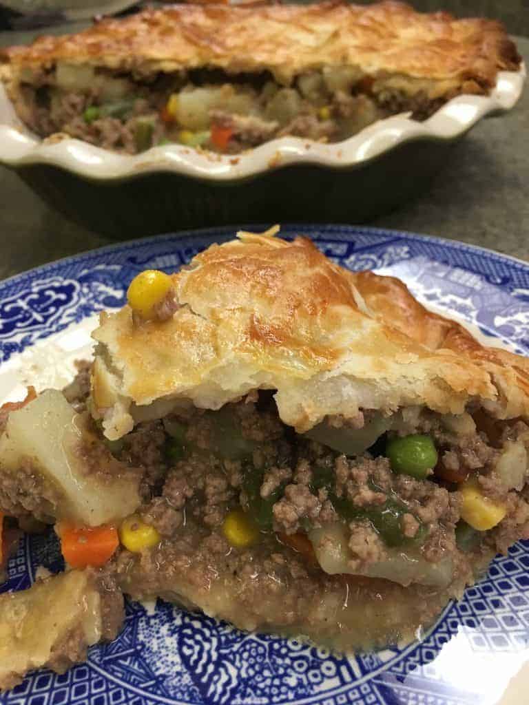 It's easy to make a beef pot pie with frozen ingredients, and two premade pie crusts.