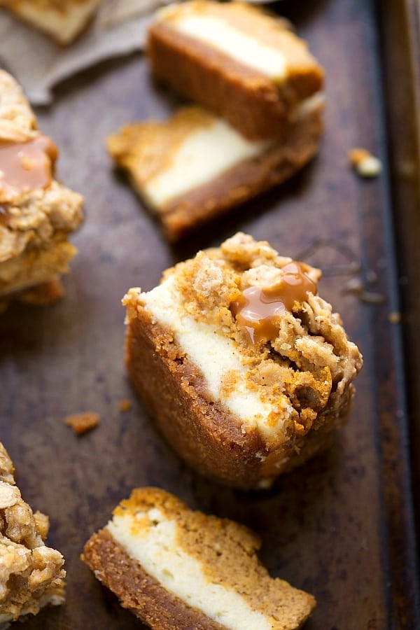 Pumpkin Caramel Cheesecake Bars with Streusel Topping - Chelsea's Messy Apron 