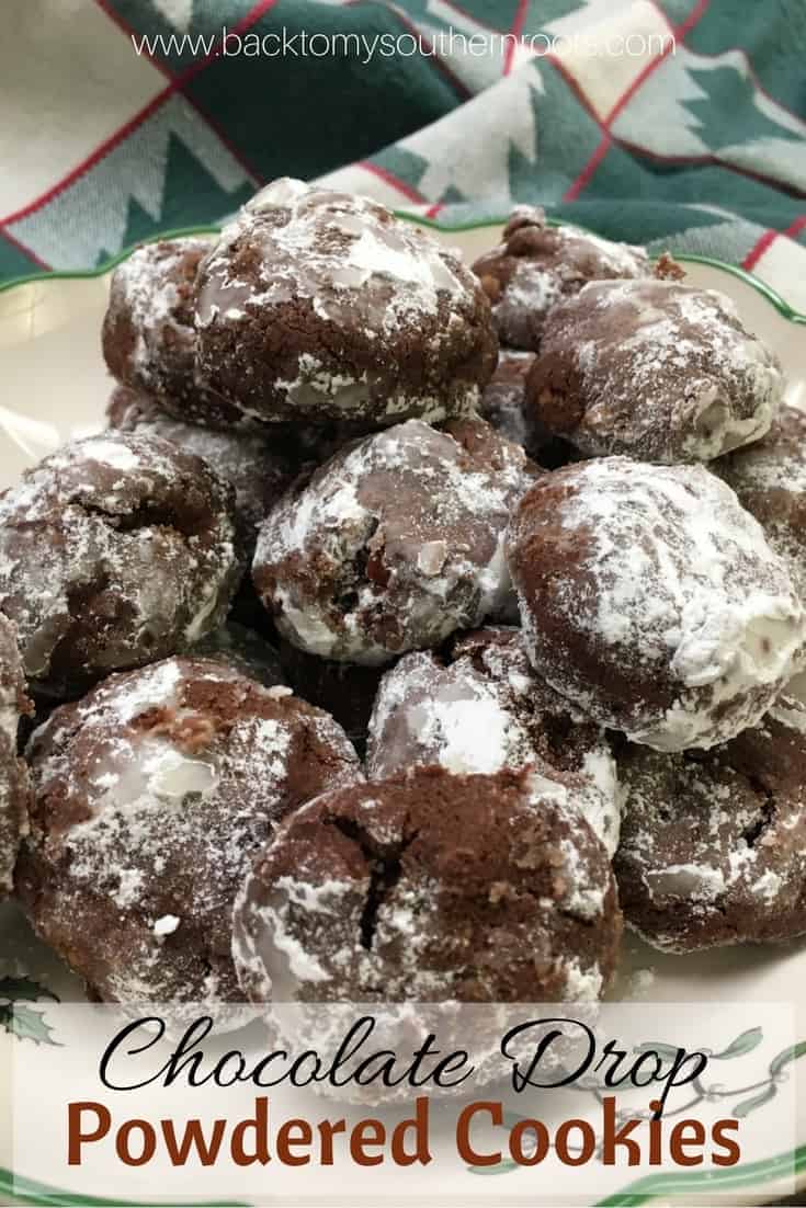 Chocolate Drop Powdered Cookies are a great holiday dessert recipe. They are easy to make and you will have plenty to take to all of your holiday parties.