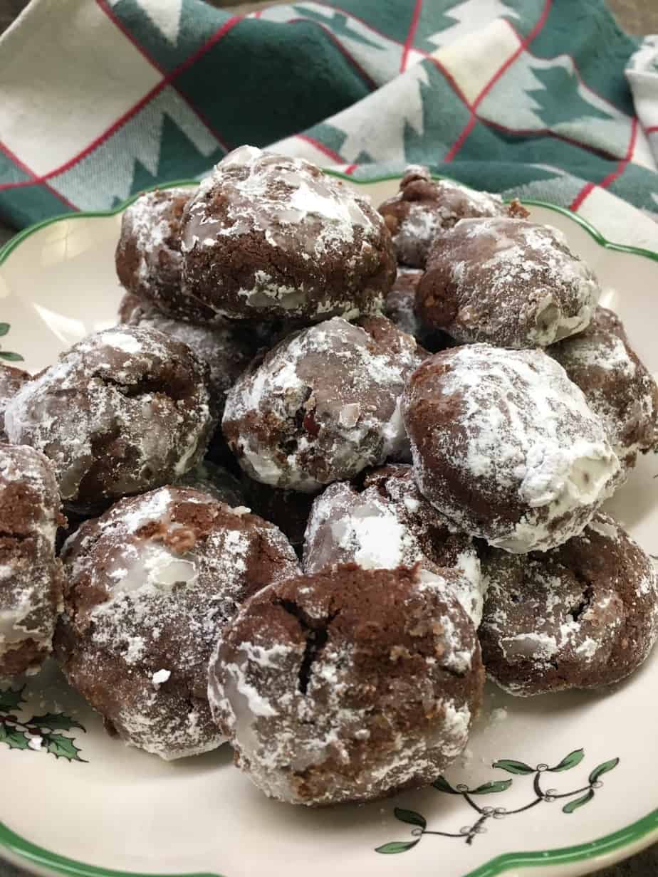 Chocolate Drop Powdered Cookies are a great holiday dessert recipe. They are easy to make and you will have plenty to take to all of your holiday parties.