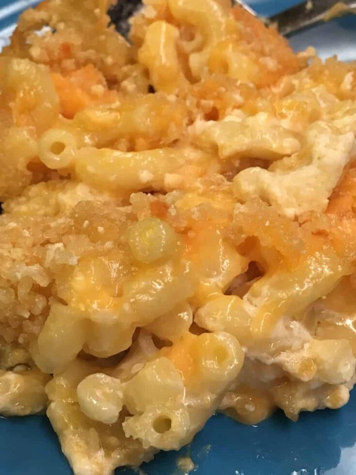 Mac and cheese on a blue plate