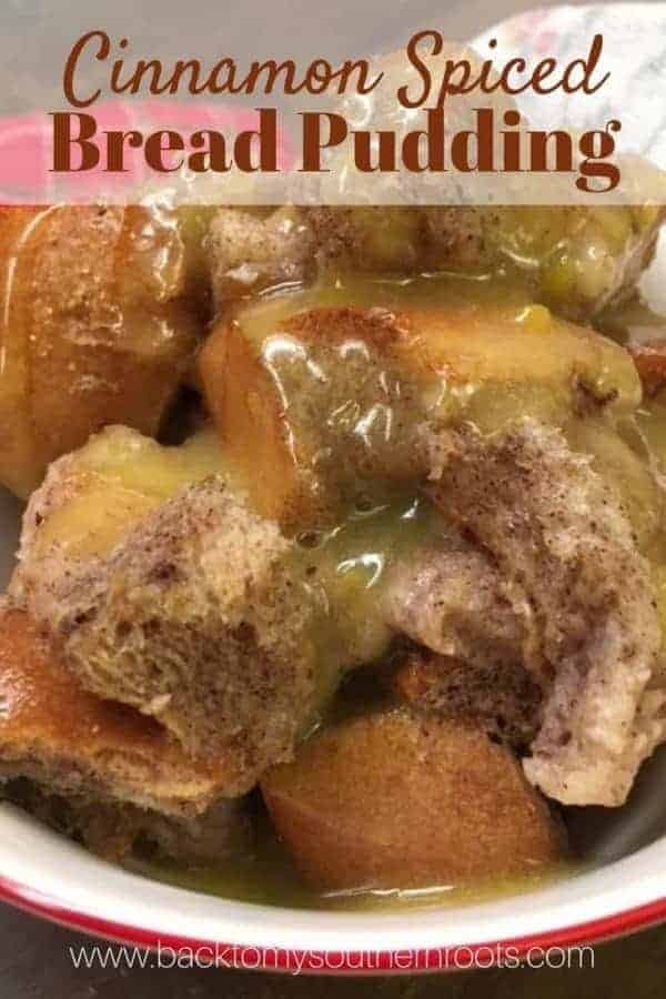 Cinnamon Spiced Bread Pudding with Butter Sauce is an easy and cheap treat for the Christmas holiday. I love the spice-filled taste with the creamy sauce.