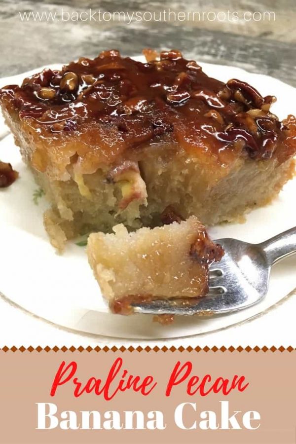 Praline Pecan banana cake on a plate with a fork