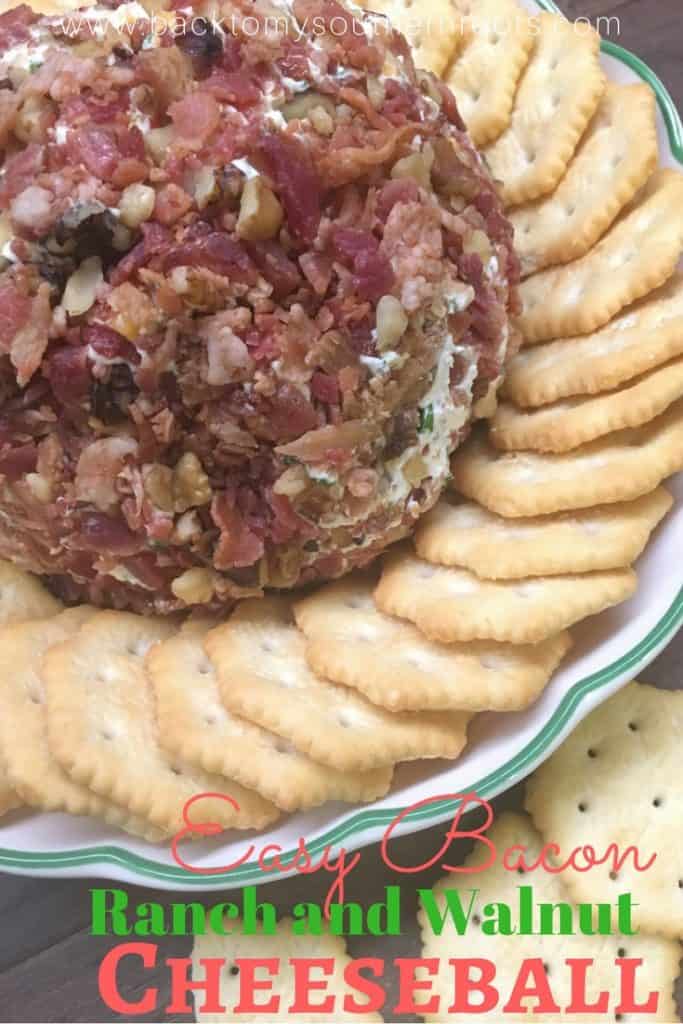 Easy Holiday Bacon Ranch and Walnut Cheeseball is a classic holiday appetizer. The cheeseball is the perfect food to bring to any party. I use pre made real bacon to make it quick and get it ready to eat.