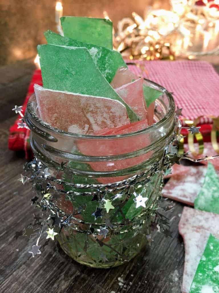 Rock candy, or glass candy, is a favorite holiday Christmas treat that is easy and fun to make. It makes great gifts for friends, family, neighbors, and teachers. It makes a beautiful centerpiece for any table, and you can choose any color to add to the candy.