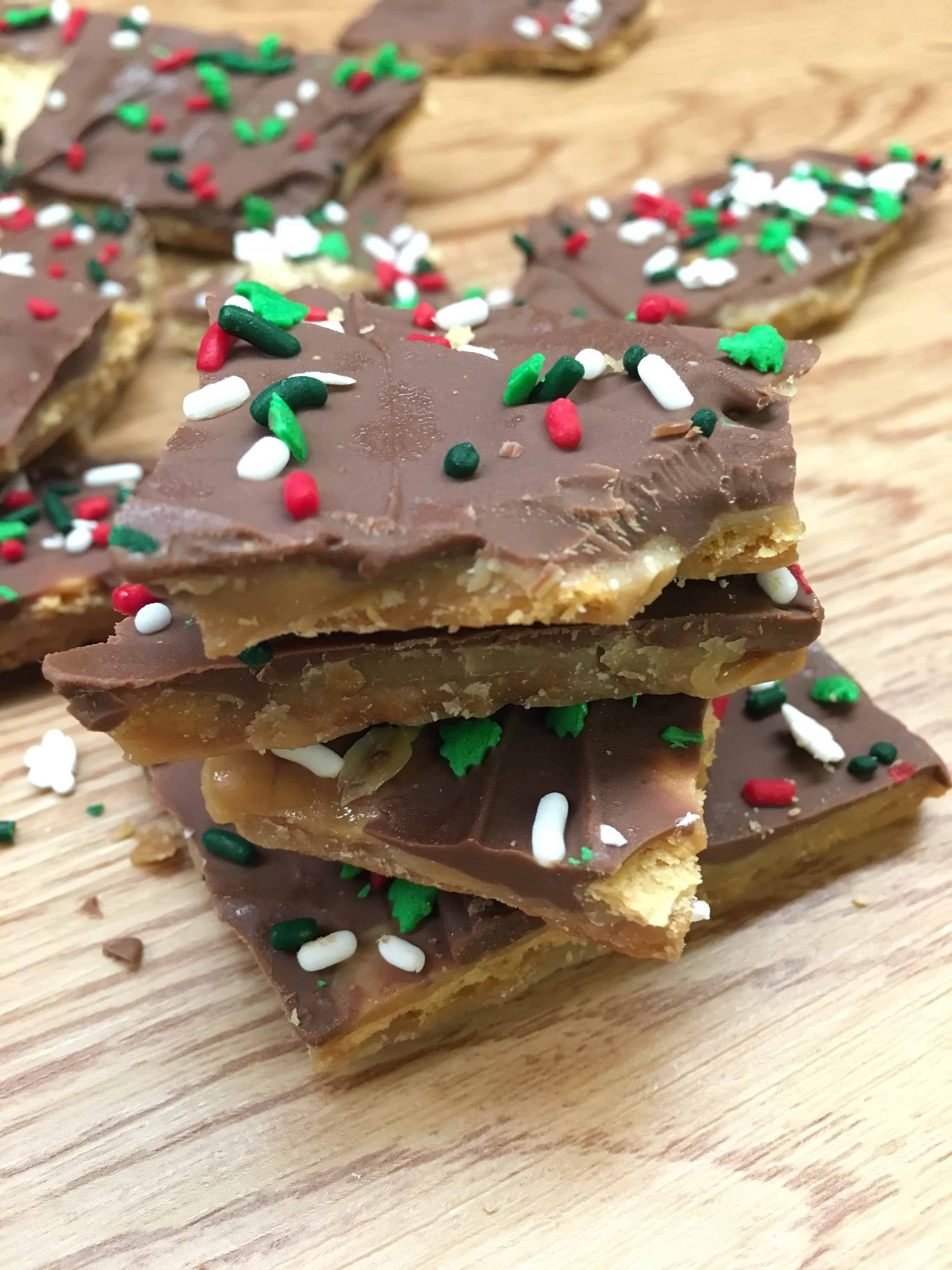 Easy Christmas Crack tastes a lot like Heath bars, with a delicious amount of chocolate on top. You can decorate the top for any holiday, including Christmas, Valentine's day, or any holiday in between.