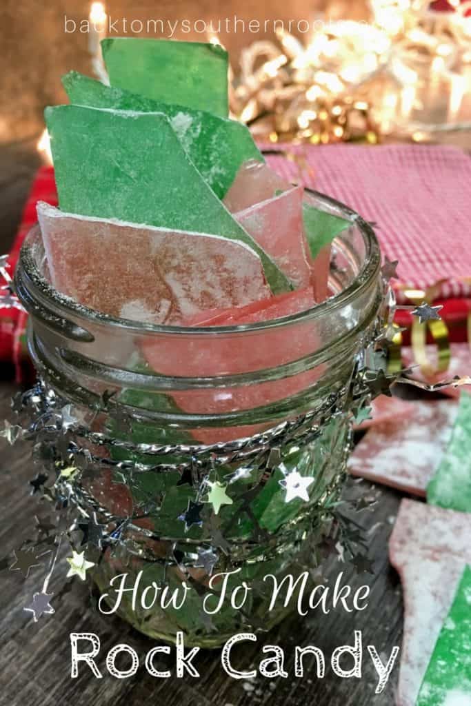 Rock candy, or glass candy, is a favorite holiday Christmas treat that is easy and fun to make. It makes great gifts for friends, family, neighbors, and teachers. It makes a beautiful centerpiece for any table, and you can choose any color to add to the candy.