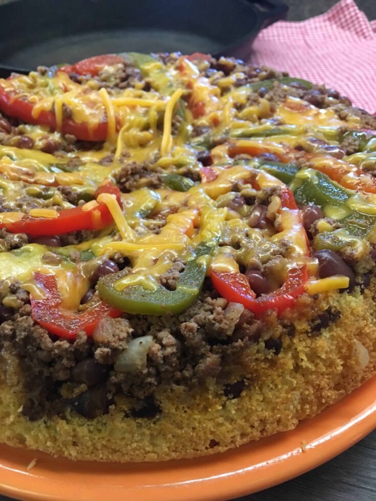 Cornbread chili on an orange plate