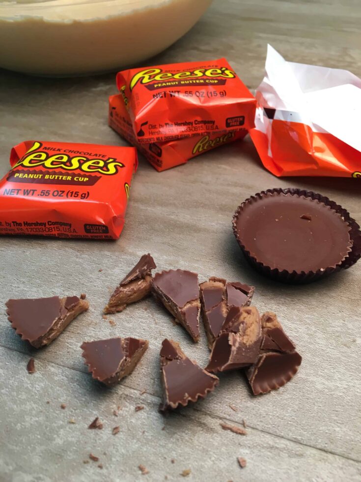 Reese's peanut butter cups cut up on a counter