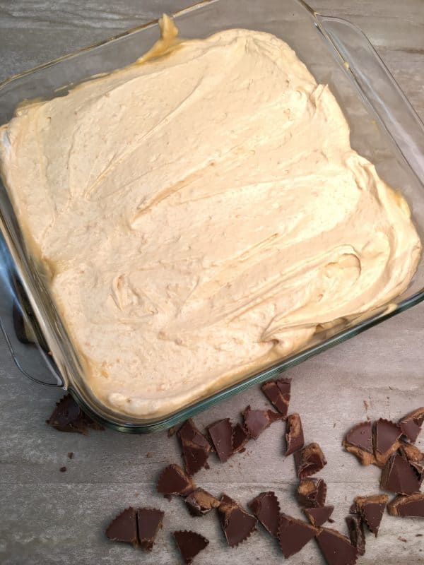 Peanut butter chocolate dessert in a square casserole dish