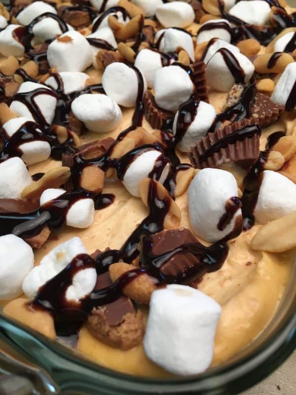 Close up of peanut butter lush dessert with marshmallows, Reese's cups, and peanuts