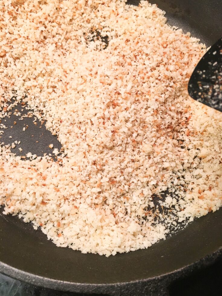 Panko breadcrumbs in a skillet