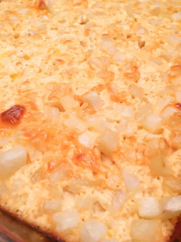 Cheesy potato bake in a casserole dish