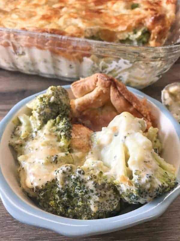 Broccoli Cheese Bake in a small dish on the counter