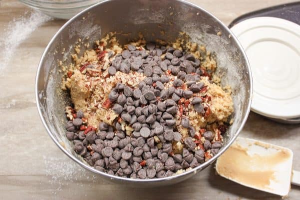 These cookies, similar to butter pecan, are made with chocolate chips, pecans, brown sugar, butter, and half and half for a rich cookie.