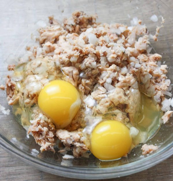 Eggs, onions, and salmon, and breadcrumbs are an easy family meal.