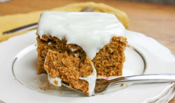 Pumpkin spice cake recipe is easy and quick to make and has a delicious cream cheese frosting.