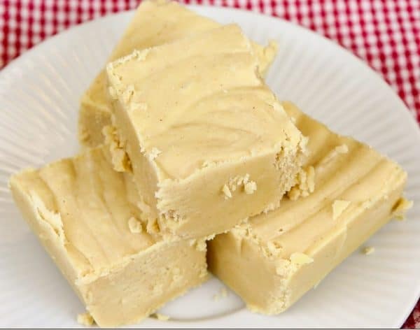 Picture of peanut butter fudge cut up on a plate.