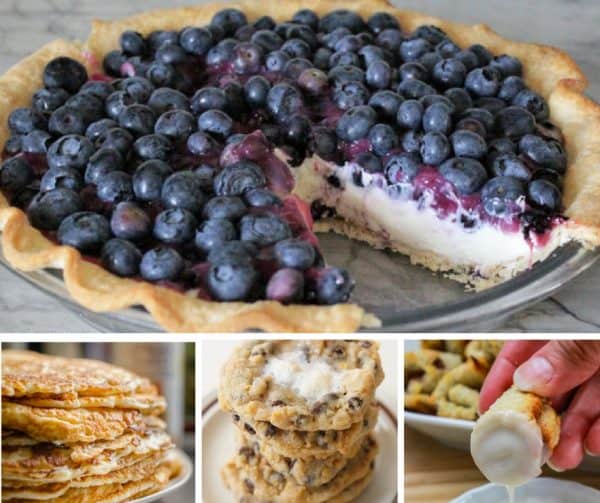 Foodie Friday Link Party #45 with Blueberry Cheesecake Pie, Cornflake Marshmallow Cookies, Apple Oatmeal Pancakes, and Mini Cinnamon Roll Bites