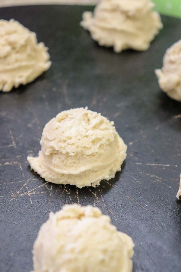 Picture of cookie dough on a baking sheet. 