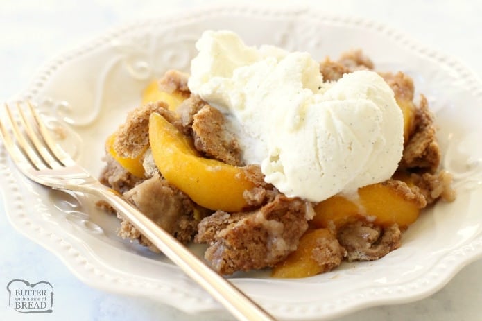 Picture of peach cobbler in a bowl