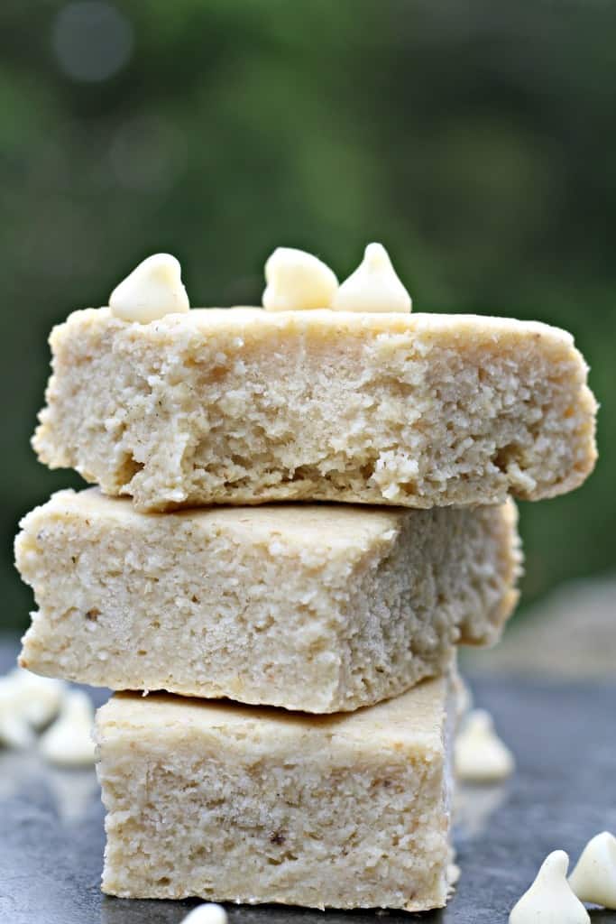 Picture of White Chocolate Banana Bars stacked on top of each other.