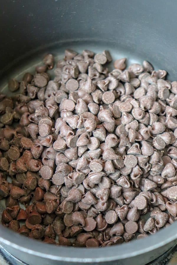 Picture of chocolate chips in a saucepan.