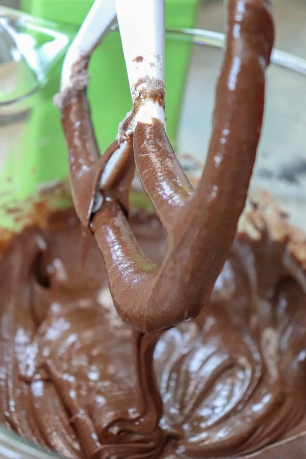 Picture of chocolate muffin mix in a glass bowl. 