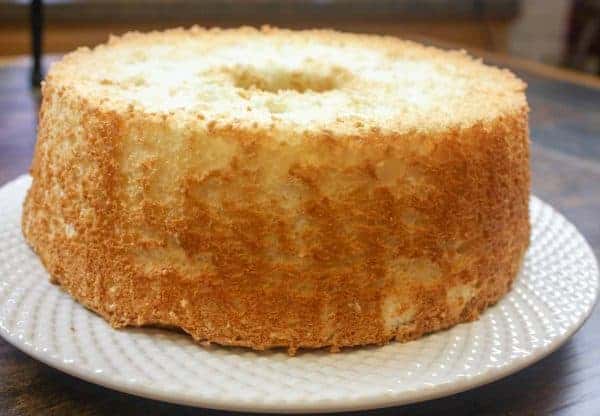 Picture of angel food cake on a large cake plate