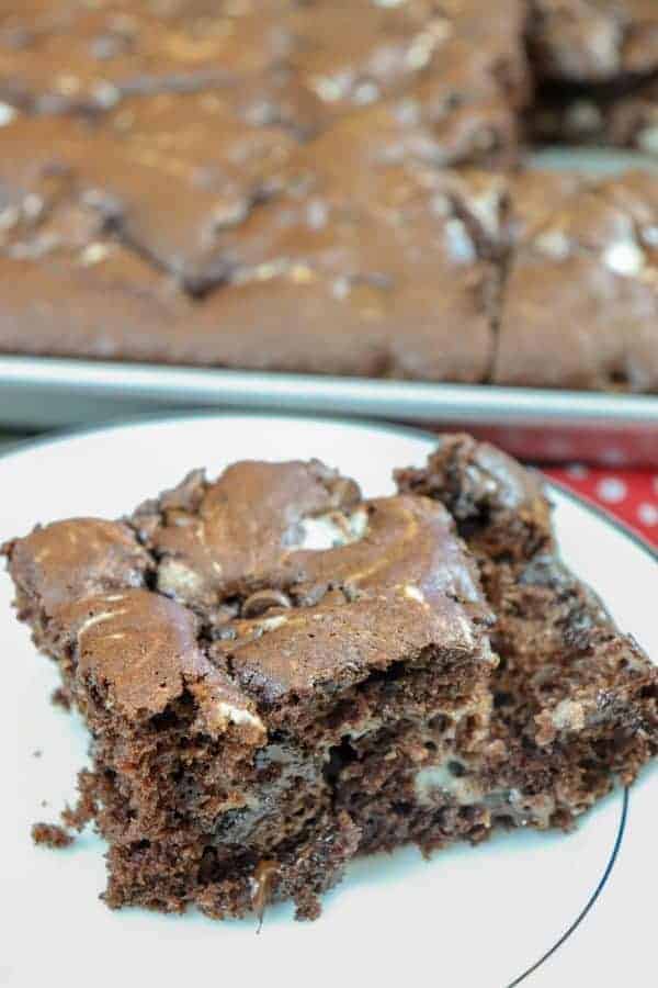 Picture of a Chocolate marble cake bar on a white plate.