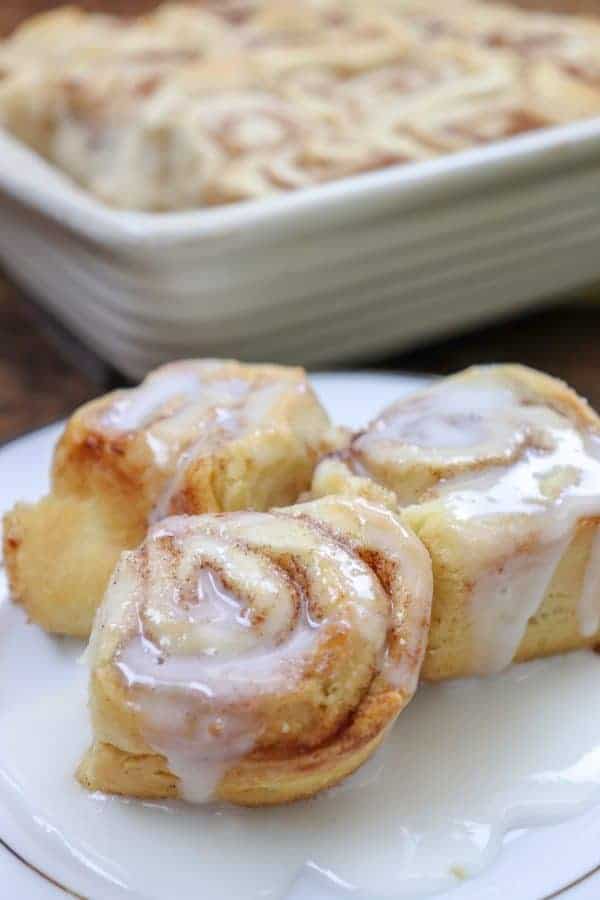 Picture of cinnamon rolls with icing on a plate. 