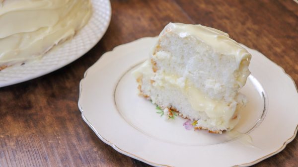 Picture of angel food cake on a plate. 