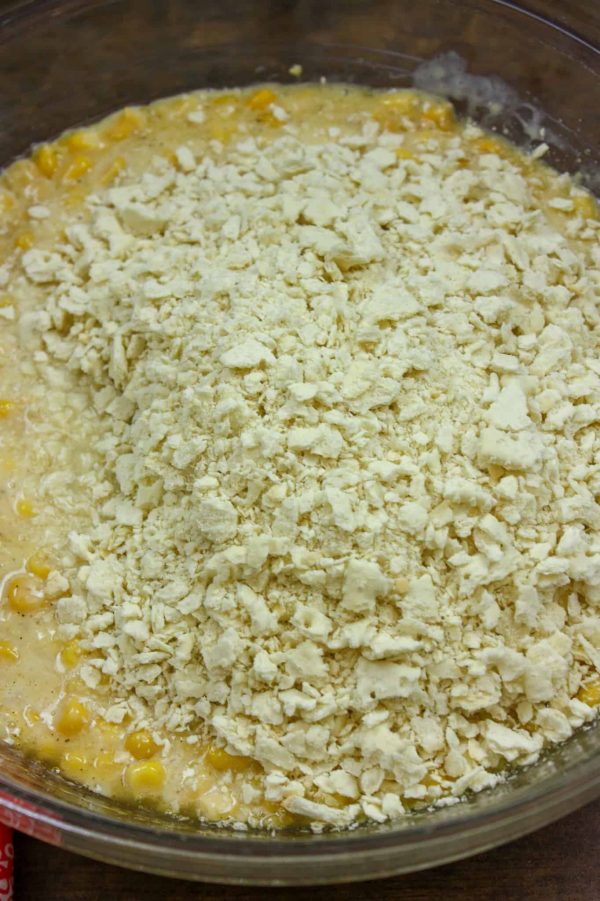 Picture of Saltines poured over a bowl of corn.