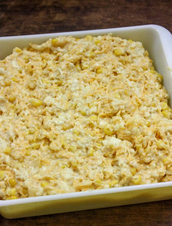 Picture of scalloped corn in a baking dish.