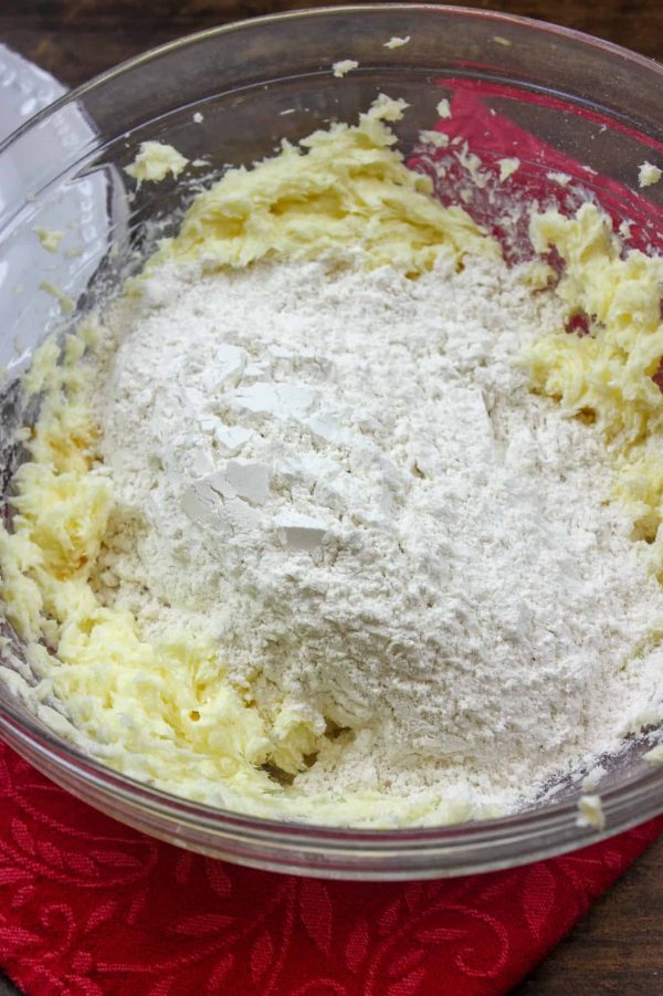 Picture of flour in a bowl with butter, sugar, and vanilla. 