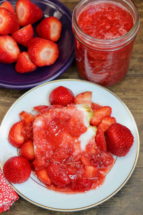 Picture of strawberry sauce on angel food cake.