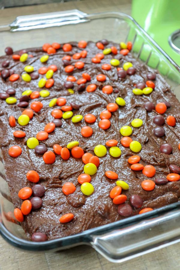 Picture of brownie mix in a baking dish with Reese's Pieces on top. 