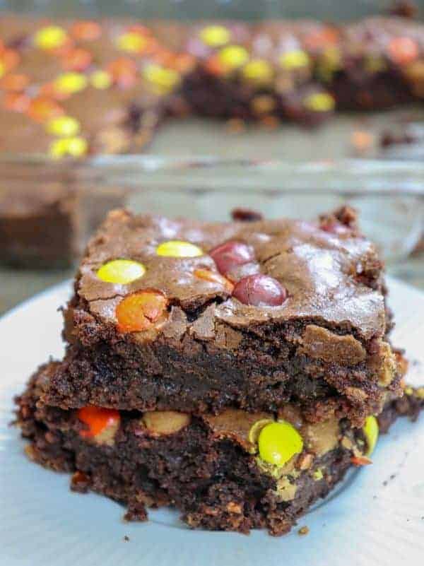 Picture of brownies with Reese's pieces.