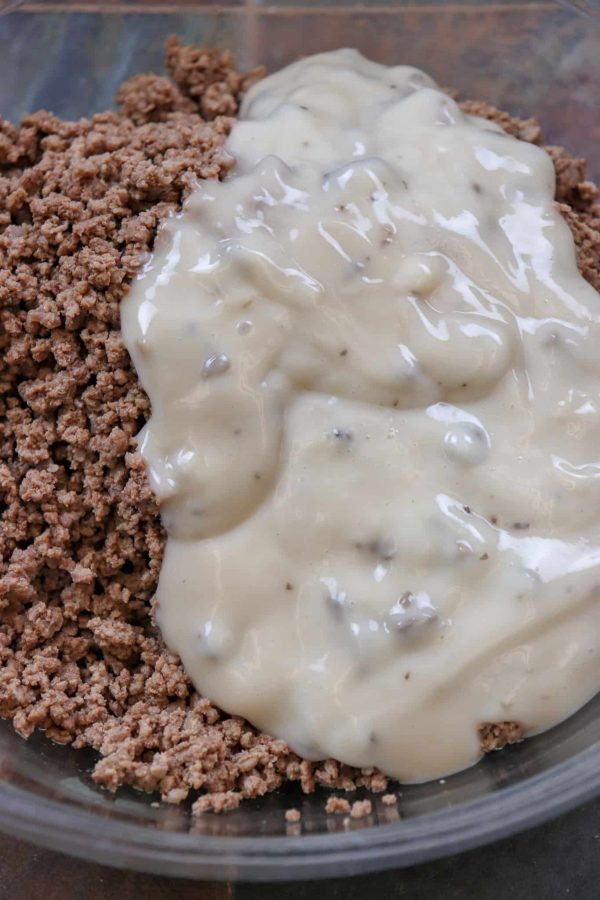 Picture of ground beef and cream of mushroom soup. 