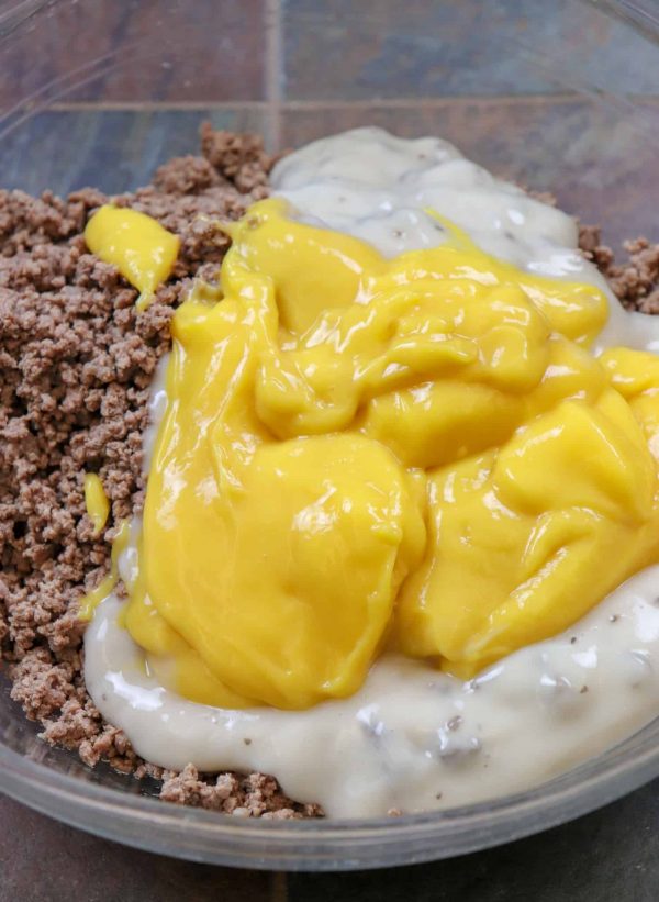 Picture of cream of cheddar cheese and mushroom soup in a bowl with ground beef. 